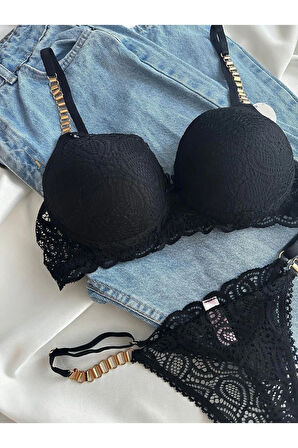 Kadın Siyah Dantelli Zincir Detaylı Balenli Destekli Dolgulu Sütyen Takımı Iç Çamaşırı Takımı