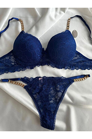 Kadın Mavi Dantelli Zincir Detaylı Balenli Destekli Dolgulu Sütyen Takımı Iç Çamaşırı Takımı