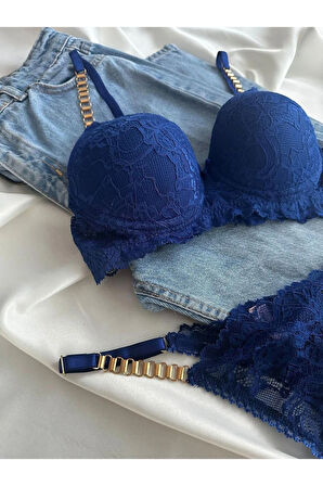 Kadın Mavi Dantelli Zincir Detaylı Balenli Destekli Dolgulu Sütyen Takımı Iç Çamaşırı Takımı