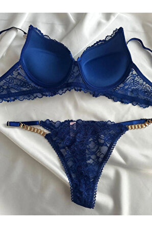 Kadın Mavi Dantelli Zincir Detaylı Balenli Destekli Dolgulu Sütyen Takımı Iç Çamaşırı Takımı