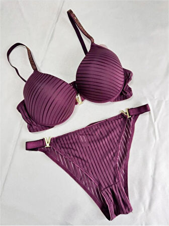 Kadın Mor Taşlı Çizgili V Model Destekli Balenli Sütyen Takım Iç Çamaşırı Takımı