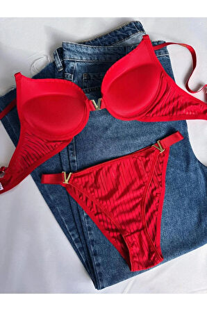 Kadın Kırmızı Taşlı Çizgili V Model Destekli Balenli Sütyen Takım Iç Çamaşırı Takımı