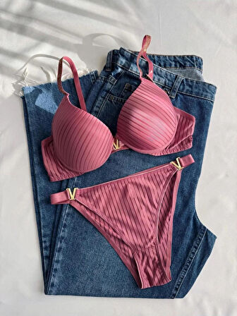 Kadın Gül Kurusu Taşlı Çizgili V Model Destekli Balenli Sütyen Takım Iç Çamaşırı Takımı