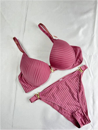 Kadın Gül Kurusu Taşlı Çizgili V Model Destekli Balenli Sütyen Takım Iç Çamaşırı Takımı