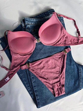 Kadın Gül Kurusu Taşlı Çizgili V Model Destekli Balenli Sütyen Takım Iç Çamaşırı Takımı