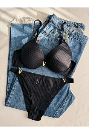 Kadın Siyah Taşlı Çizgili V Model Destekli Balenli Sütyen Takım Iç Çamaşırı Takımı