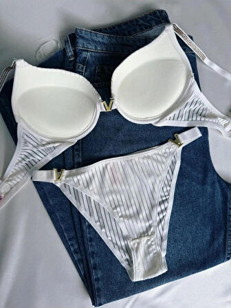 Kadın Siyah Beyaz Taşlı Çizgili V Model Destekli Balenli Sütyen Takım Ikili Kutulu Paket