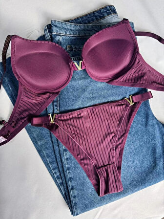 Kadın Mor Gül Kurusu Taşlı Çizgili V Model Destekli Balenli Sütyen Takım Ikili Kutulu Paket