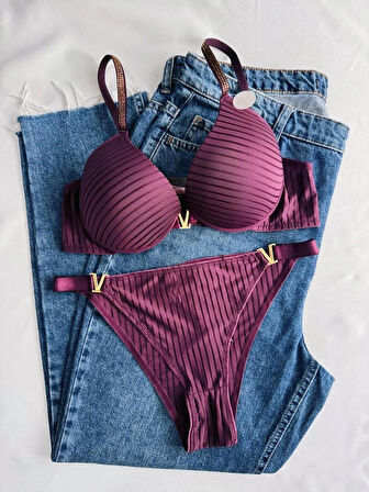 Kadın Mor Gül Kurusu Taşlı Çizgili V Model Destekli Balenli Sütyen Takım Ikili Kutulu Paket