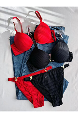 Kadın Siyah Kırmızı Beyaz Taşlı Çizgili V Model Destekli Balenli Sütyen Takım Beşli Kutulu Paket