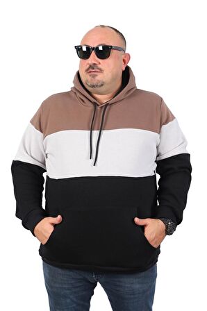 Starbattal Büyük Beden Parçalı Kapüşonlu Sweat 22736 TABA