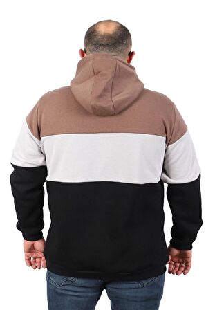 Starbattal Büyük Beden Parçalı Kapüşonlu Sweat 22736 TABA