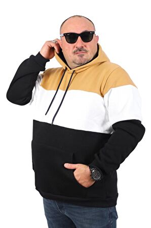 Starbattal Büyük Beden Parçalı Kapüşonlu Sweat 22736 Vizon