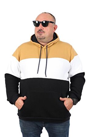 Starbattal Büyük Beden Parçalı Kapüşonlu Sweat 22736 Vizon