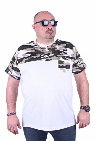 Starbattal Büyük Beden Cepli Camouflage Erkek Tişört 23145 BEYAZ