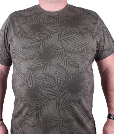 Starbattal Büyük Beden Sıfır Yaka Tişört Palm Leaf 23148 HAKI