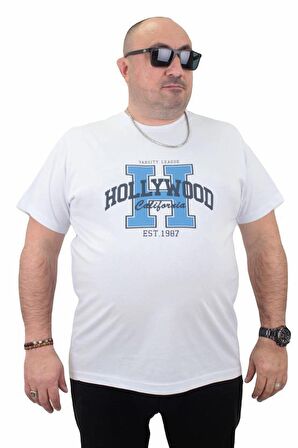 Starbattal Erkek Büyük Beden Sıfır Yaka Tişört Hollywood 23179 BEYAZ