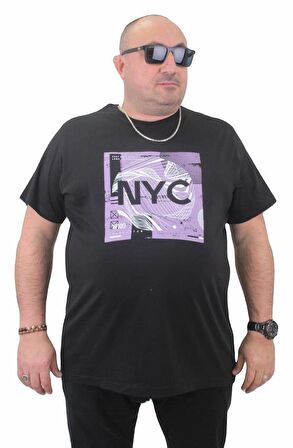 Starbattal Erkek Büyük Beden Sıfır Yaka Tişört NYC 23182 SIYAH