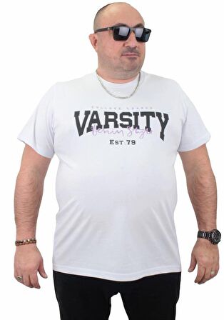 Starbattal Erkek Büyük Beden Sıfır Yaka Tişört Varsity 23184 BEYAZ