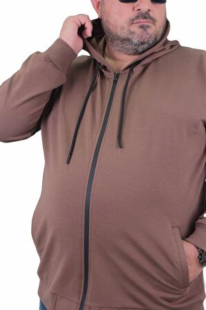 Starbattal Büyük Beden Basic Mevsimlik Fermuarlı Kapüşonlu Sweat 22751 TABA