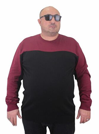 Starbattal Erkek Büyük Beden Sıfır Yaka Çift Renk Triko Kazak 23751 BORDO