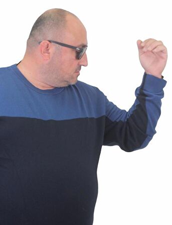 Starbattal Erkek Büyük Beden Sıfır Yaka Çift Renk Triko Kazak 23751 INDIGO