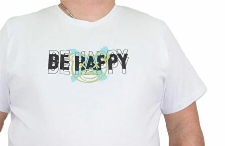 Starbattal Erkek Büyük Beden Sıfır Yaka Tişört Be Happy 24131 BEYAZ