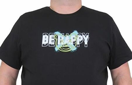 Starbattal Erkek Büyük Beden Sıfır Yaka Tişört Be Happy 24131 SIYAH