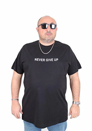 Starbattal Erkek Büyük Beden Sıfır Yaka Tişört Never Give Up 25140 SIYAH