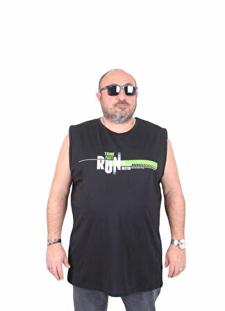 Starbattal Büyük Beden Baskılı Kolsuz Tişört Think Fast Run 25152 SIYAH