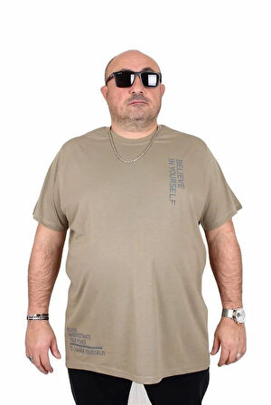 Starbattal Erkek Büyük Beden Sıfır Yaka Tişört Believe 25157 HAKI