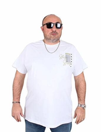 Starbattal Erkek Büyük Beden Sıfır Yaka Tişört Stay Strong 25159 BEYAZ