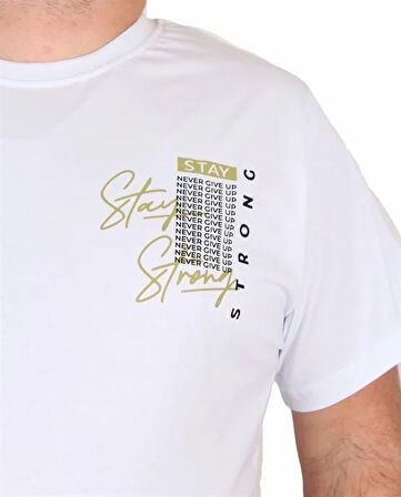 Starbattal Erkek Büyük Beden Sıfır Yaka Tişört Stay Strong 25159 BEYAZ