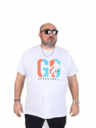 Starbattal Erkek Büyük Beden Sıfır Yaka Tişört Lets Go 25161 BEYAZ