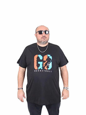 Starbattal Erkek Büyük Beden Sıfır Yaka Tişört Lets Go 25161 SIYAH