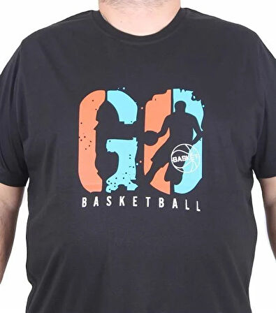 Starbattal Erkek Büyük Beden Sıfır Yaka Tişört Lets Go 25161 SIYAH