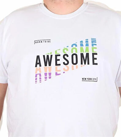 Starbattal Erkek Büyük Beden Sıfır Yaka Tişört Awesome 25164 BEYAZ