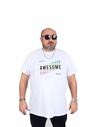 Starbattal Erkek Büyük Beden Sıfır Yaka Tişört Awesome 25164 BEYAZ