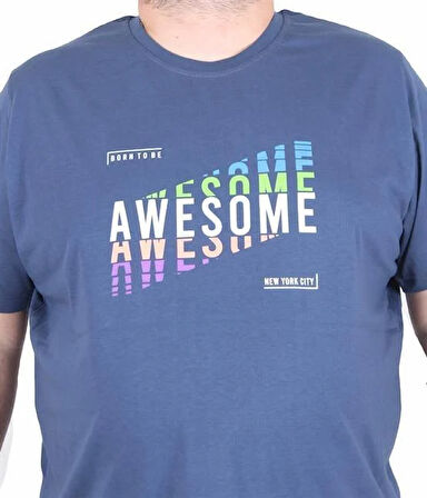 Starbattal Erkek Büyük Beden Sıfır Yaka Tişört Awesome 25164 INDIGO