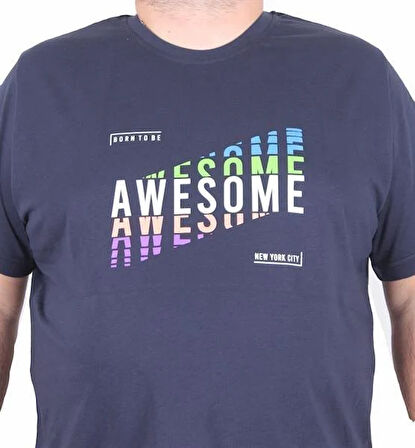 Starbattal Erkek Büyük Beden Sıfır Yaka Tişört Awesome 25164 LACIVERT