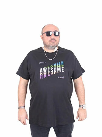 Starbattal Erkek Büyük Beden Sıfır Yaka Tişört Awesome 25164 SIYAH