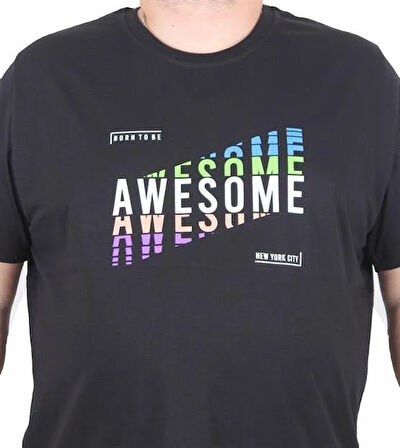 Starbattal Erkek Büyük Beden Sıfır Yaka Tişört Awesome 25164 SIYAH