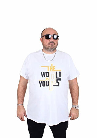 Starbattal Erkek Büyük Beden Sıfır Yaka Tişört The World 25170 BEYAZ