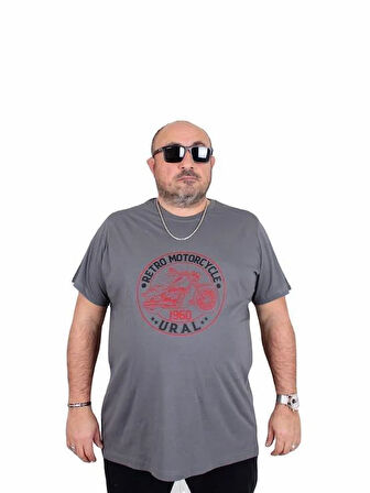 Starbattal Erkek Büyük Beden Sıfır Yaka Tişört Motorcycle 25171 FUME