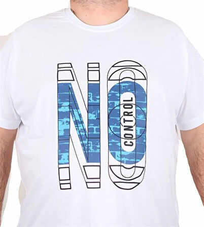 Starbattal Erkek Büyük Beden Sıfır Yaka Tişört No Control 25172 BEYAZ