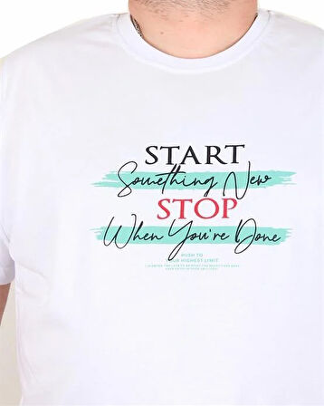 Starbattal Erkek Büyük Beden Sıfır Yaka Tişört Start Stop 25178 BEYAZ