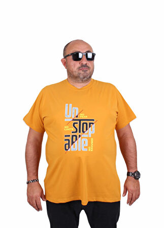 Starbattal Erkek Büyük Beden Sıfır Yaka Tişört Un Stop Able 25181 HARDAL