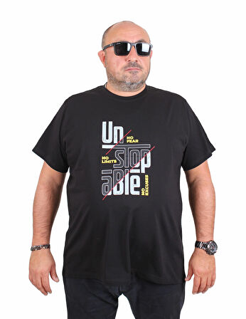 Starbattal Erkek Büyük Beden Sıfır Yaka Tişört Un Stop Able 25181 SIYAH