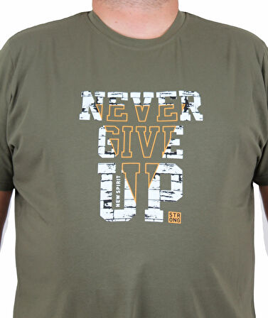 Starbattal Erkek Büyük Beden Sıfır Yaka Tişört Never Give Up 25182 HAKI