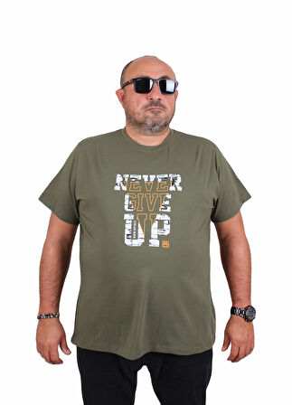 Starbattal Erkek Büyük Beden Sıfır Yaka Tişört Never Give Up 25182 HAKI